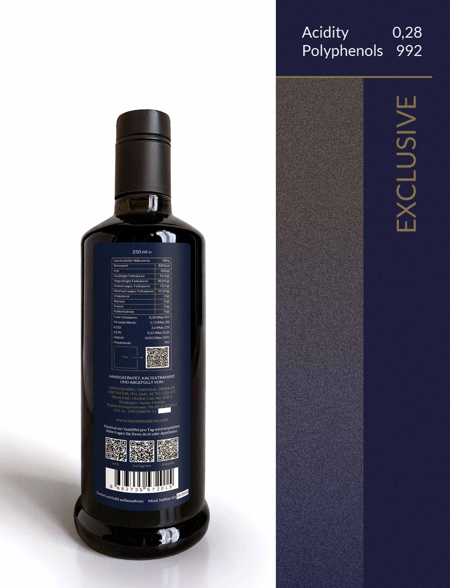 2024 neue Ernte! EXCLUSIVE FRÜHE ERNTE sehr scharf und sehr bitter SÄUREGEHALT 0,28 POLYPHENOLE 992 - 250ml