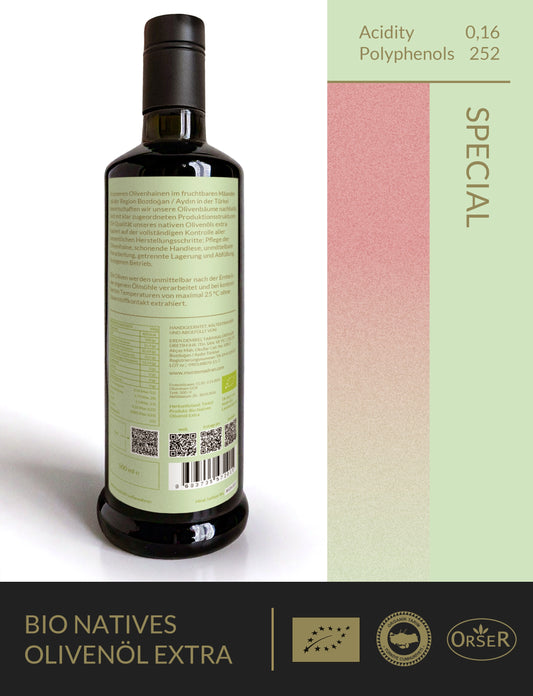 BIO 2025 neue Ernte! SPECIAL FRÜHE ERNTE scharf und ausgewogen SÄUREGEHALT 0,16 POLYPHENOLE 252 - 500ml