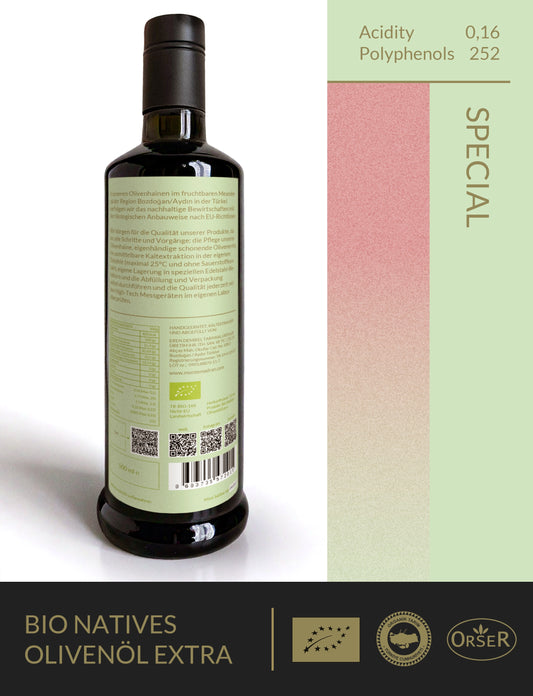 BIO 2025 neue Ernte! SPECIAL FRÜHE ERNTE scharf und ausgewogen SÄUREGEHALT 0,16 POLYPHENOLE 252 - 500ml